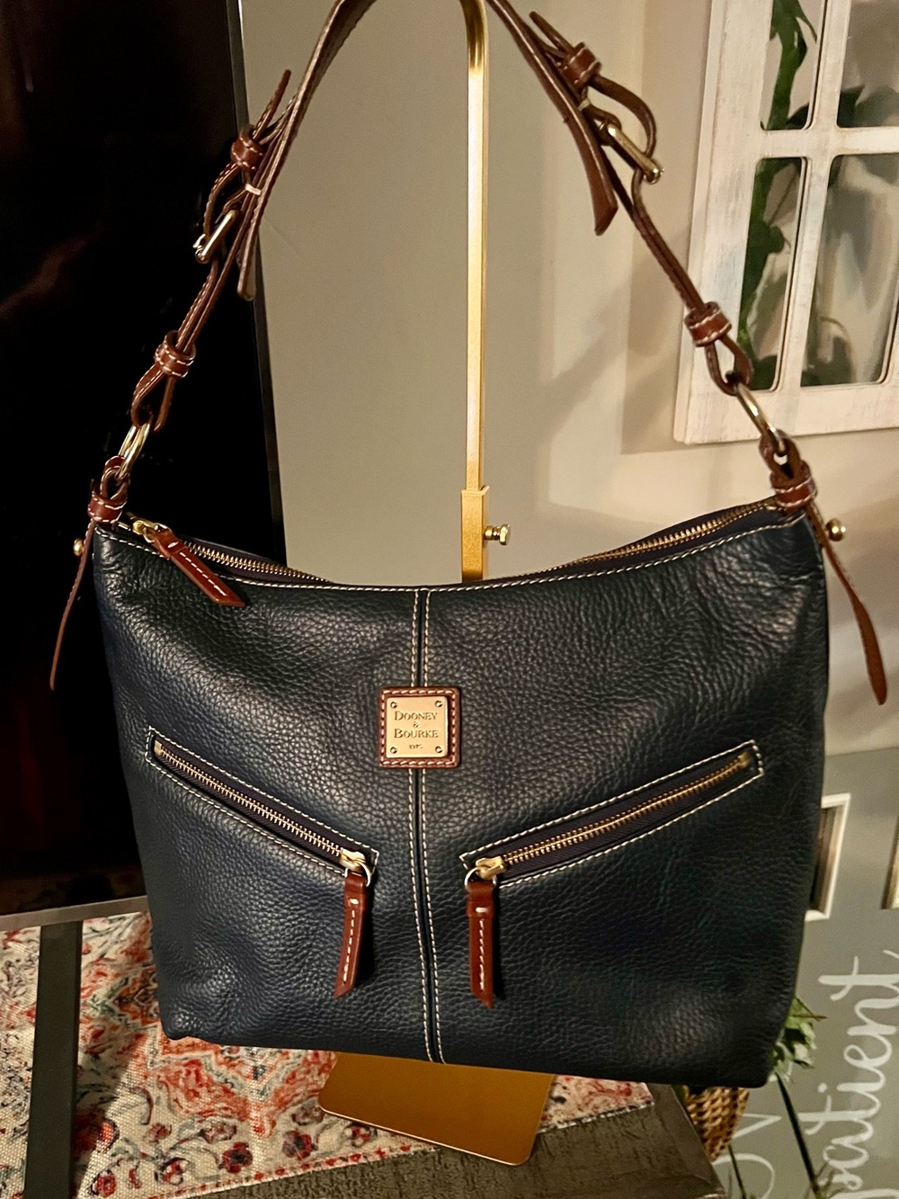 Dooney & Bourke Navy Pebbled Leather Satchel with Brown Trim with pouch - Picture 2 of 13